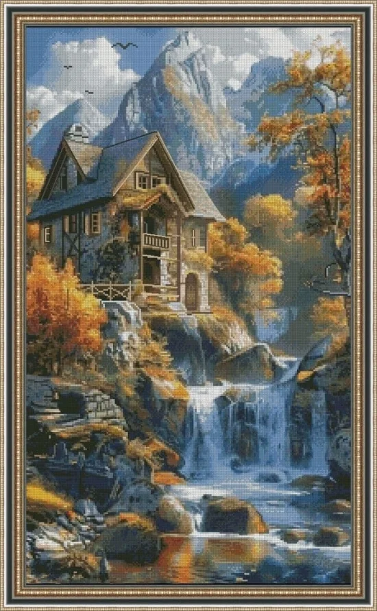 Сезонни пейзажи Къща край водопада