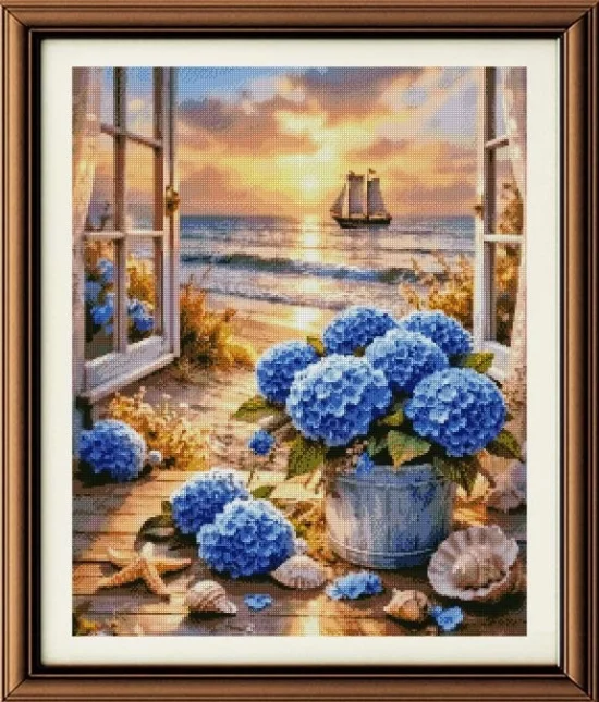 Сезонни пейзажи Сини хортензии при залез